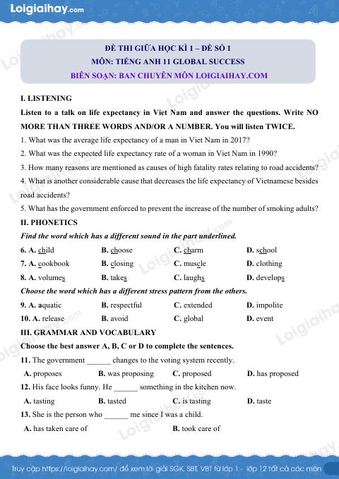Đề thi giữa kì 1 Tiếng Anh 11 Global Success - Đề số 1